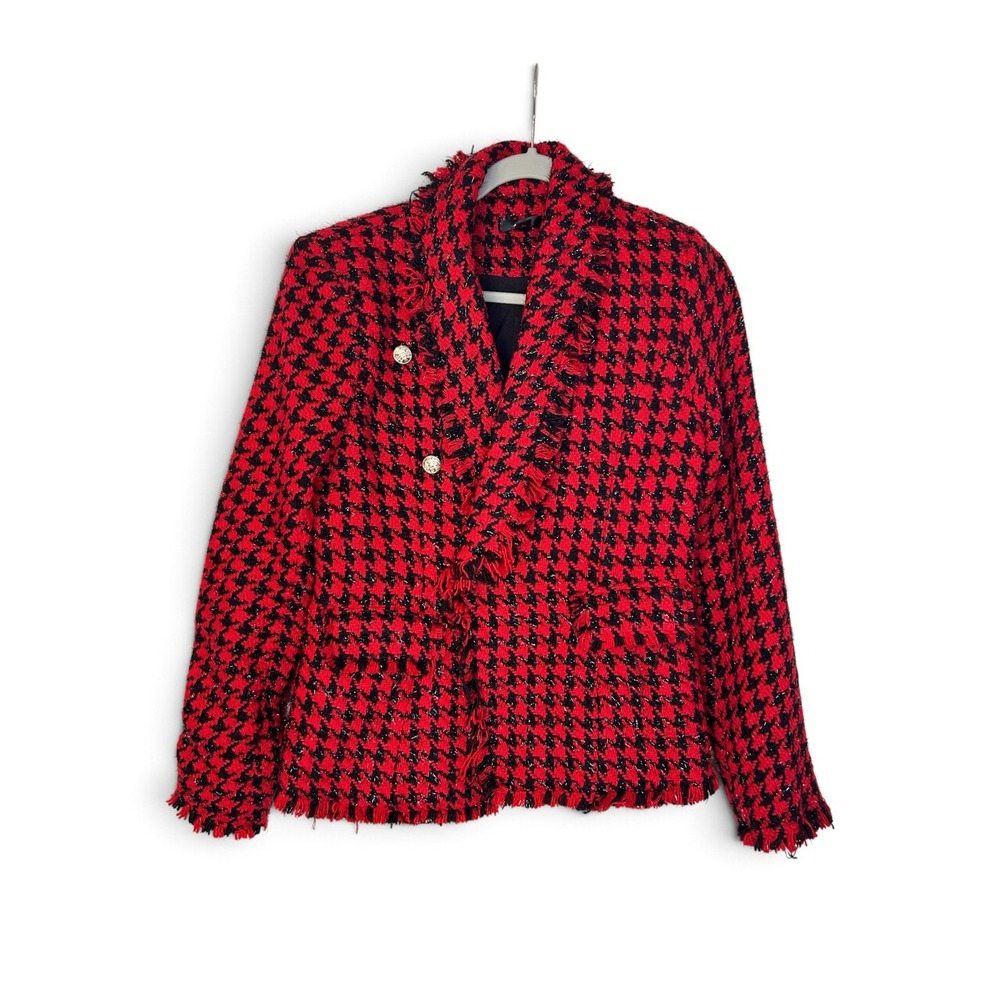 AQUA Womens M Red Black Houndstooth Tweed Fringe Blazer Jacket Metallic